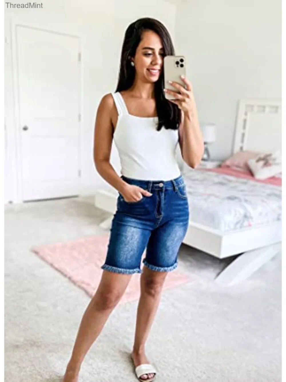Frayed Ripped Bermuda Denim Shorts High Rise Stretchy Cotton Spandex